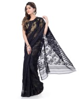 Traditional Bengal Handloom Black Resham Dhakai Jamdani Cotton Saree Whole Body Design