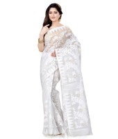 Traditional Bengal Handloom Resham Dhakai Jamdani Cotton Saree Whole Body Design (White )