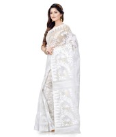 Traditional Bengal Handloom Resham Dhakai Jamdani Cotton Saree Whole Body Design (White )
