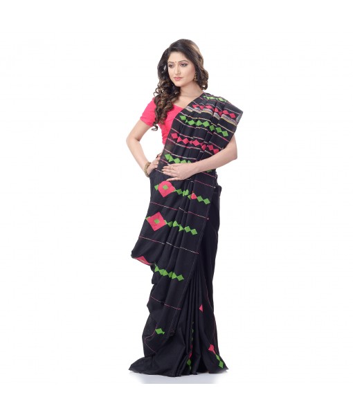 DESH BIDESH Women`s Bengali Khesh Pure Cotton Handloom Saree Diamond Designed With Blouse Piece(Black)