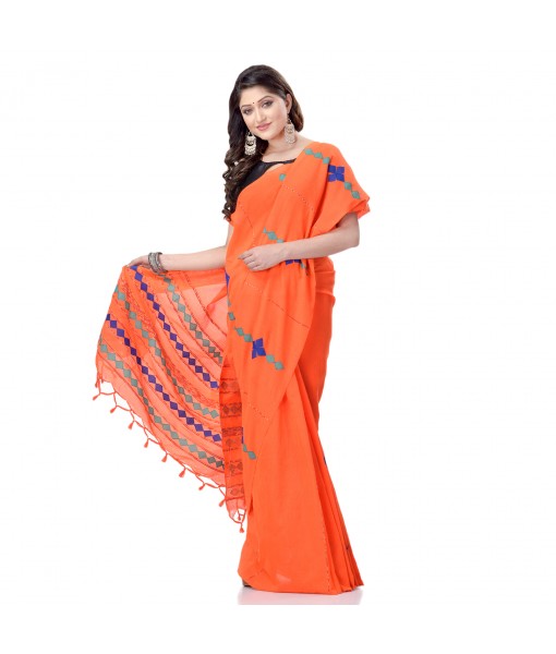 DESH BIDESH Women`s Bengali Khesh Pure Cotton Handloom Saree Diamond Designed With Blouse Piece(Orange)