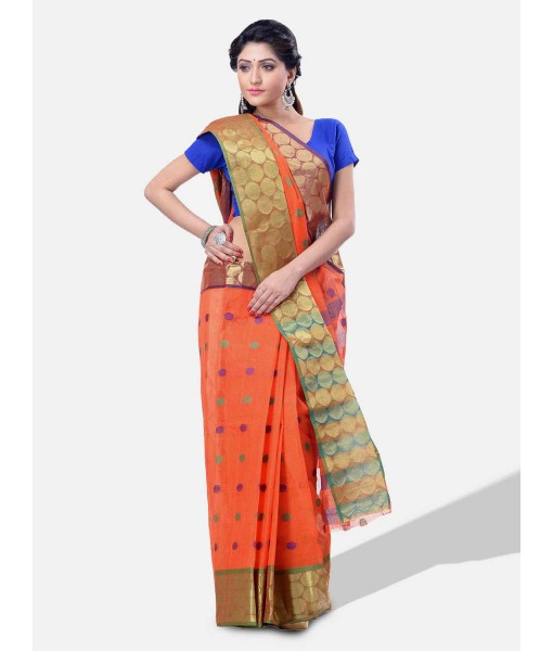 Women Ganga Jamuna Bengal Handloom Cotton Tant Saree Without Blouse Piece (DBGANGAJ6_orange_blue)