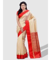 DESH BIDESH Women's Bengal Garad Silk Traditional Saree with Fine Smooth All Over Work and Blouse Piece (Off-White and Red)