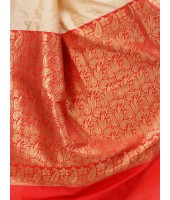 DESH BIDESH Women's Bengal Garad Silk Traditional Saree with Fine Smooth All Over Work and Blouse Piece (Off-White and Red)