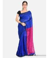 Cotton Silk and Bengal Soft Khadi Cotton Mix Ghicha Handloom Saree With Blouse Piece (Blue Deep Pink)