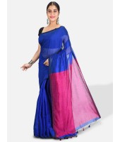 Cotton Silk and Bengal Soft Khadi Cotton Mix Ghicha Handloom Saree With Blouse Piece (Blue Deep Pink)