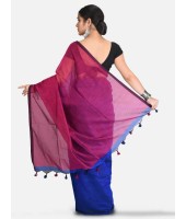 Cotton Silk and Bengal Soft Khadi Cotton Mix Ghicha Handloom Saree With Blouse Piece (Blue Deep Pink)