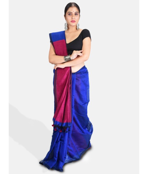 DESH BIDESH Women`s Cotton Silk and Bengal Soft Khadi Cotton Mix Ghicha Handloom Saree With Blouse Piece (Blue Deep Pink)