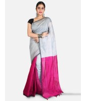 Bengal Soft Khadi Cotton Silk Ghicha Handloom Saree With Blouse Piece (Grey Deep Pink)