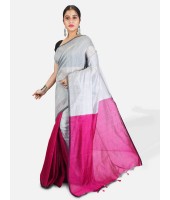 Bengal Soft Khadi Cotton Silk Ghicha Handloom Saree With Blouse Piece (Grey Deep Pink)