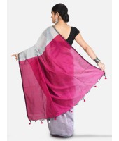 Bengal Soft Khadi Cotton Silk Ghicha Handloom Saree With Blouse Piece (Grey Deep Pink)