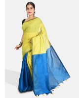  Bengal Soft Khadi Cotton Silk Ghicha Handloom Saree With Blouse Piece (Light Green Blue)