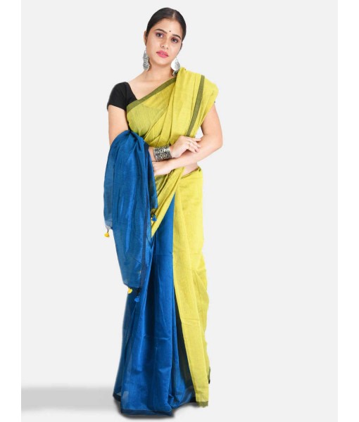 Women`s Cotton Silk and Bengal Soft Khadi Cotton Mix Ghicha Handloom Saree With Blouse Piece (Light Green Blue)