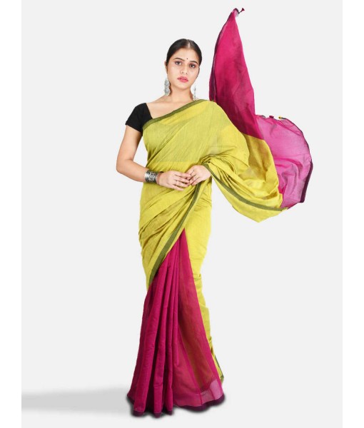 Soft Khadi Cotton Silk Ghicha Handloom Saree With Blouse Piece (Light Yellow Green Pink)