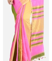 Bengal Soft Khadi Cotton Mix Ghicha Handloom Saree With Blouse Piece (Pink Green Yellow)