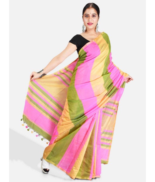Women`s Cotton Silk and Bengal Soft Khadi Cotton Mix Ghicha Handloom Saree With Blouse Piece (Pink Green Yellow)