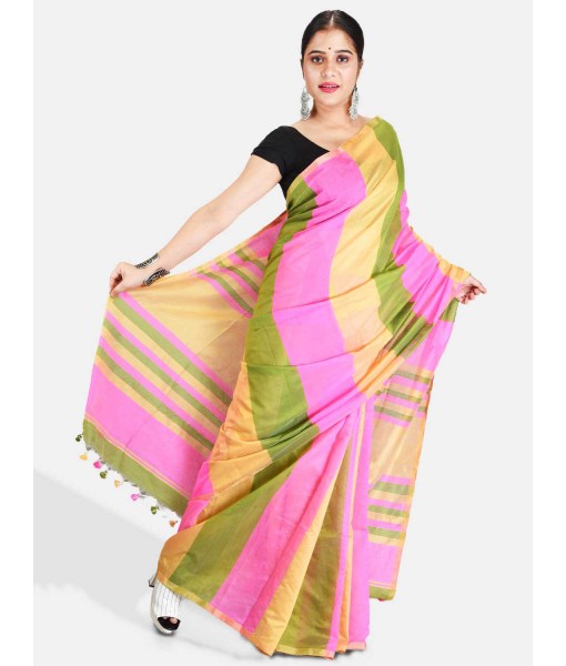 Bengal Soft Khadi Cotton Mix Ghicha Handloom Saree With Blouse Piece (Pink Green Yellow)