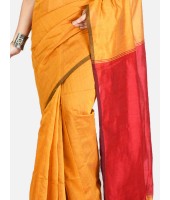 Bengal Soft Khadi Cotton Silk Ghicha Handloom Saree With Blouse Piece (Yellow Red)