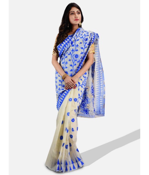 Soft Resham Dhakai jamdani Bengal Cotton Saree Whole Body Design with Blouse Pcs (Blue White)