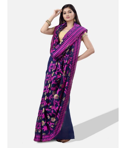 Women`s Handloom Soft Resham Dhakai jamdani Bengal Cotton Silk Tant Saree Whole Body Design with Blouse Pcs (Deep Purple Dark Blue)