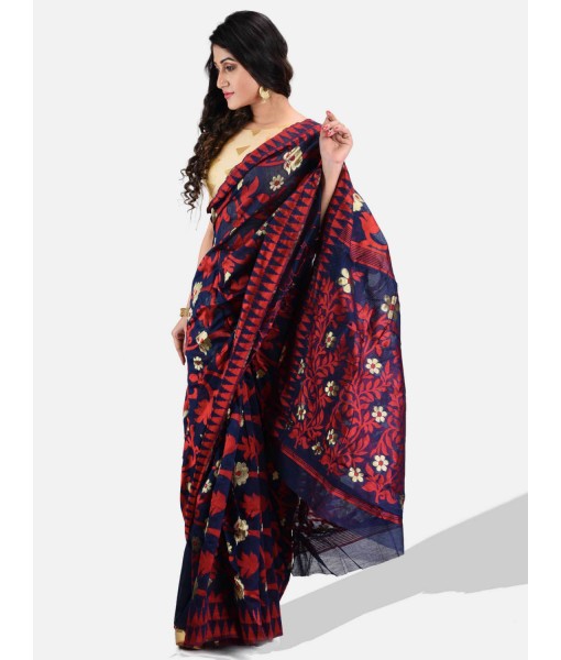 Women`s Handloom Soft Resham Dhakai jamdani Bengal Cotton Silk Tant Saree Whole Body Design with Blouse Pcs (Dark Blue Red)