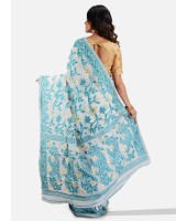 Women`s Handloom Soft Resham Dhakai jamdani Bengal Cotton Silk Tant Saree Whole Body Design with Blouse Pcs (Green Sky Blue White)