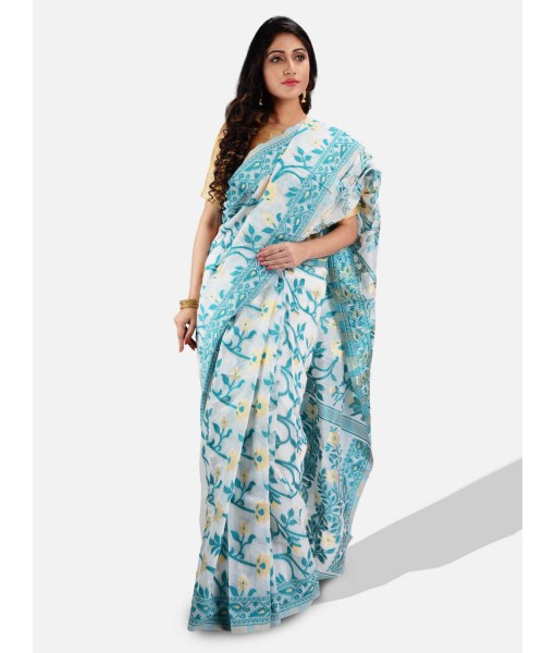 Women`s Handloom Soft Resham Dhakai jamdani Bengal Cotton Silk Tant Saree Whole Body Design with Blouse Pcs (Green Sky Blue White)