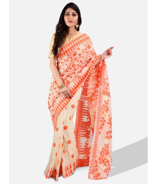 Online Handloom Soft Resham Dhakai jamdani Bengal Cotton Silk Tant Saree Whole Body Design with Blouse Pcs (Orange White)