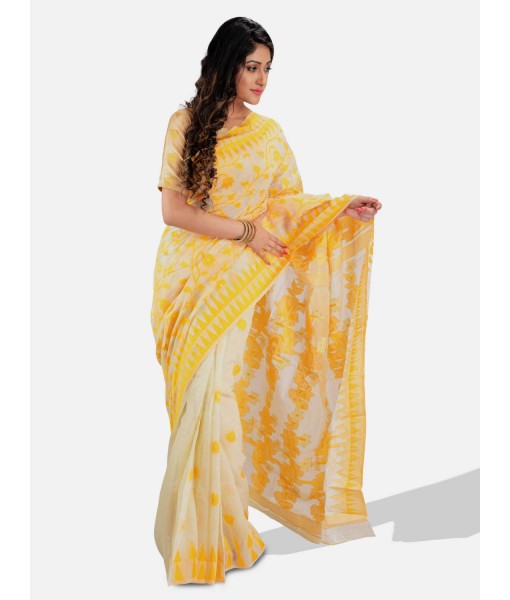 Women`s Handloom Soft Resham Dhakai jamdani Bengal Cotton Silk Tant Saree Whole Body Design with Blouse Pcs (Yellow White)