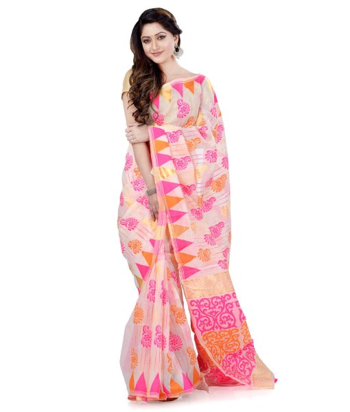 Women`s Handloom Soft Resham Dhakai jamdani Bengal Cotton Silk Tant Saree Whole Body Kolka Design with Blouse Pcs (Pink Orange)