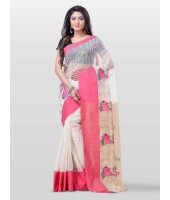Women's Traditional Bengali Cotton Handloom Sakuntala Tant Saree of Bengal with Blouse Piece (Pink White)