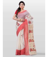 Traditional Bengali Cotton Handloom Sakuntala Tant Saree of Bengal with Blouse Piece (Red White)