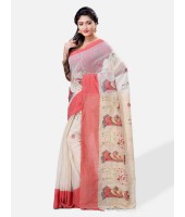 Traditional Bengali Cotton Handloom Sakuntala Tant Saree of Bengal with Blouse Piece (Red White)