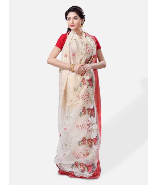 Traditional Bengali Cotton Handloom Sakuntala Tant Saree of Bengal with Blouse Piece (Red White)