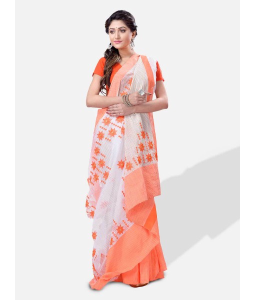 Pure Cotton Handloom Traditional Khadi Bengali Tant Saree Very Soft Cotton Materials Star Design With Blouse Piece (Orange White)