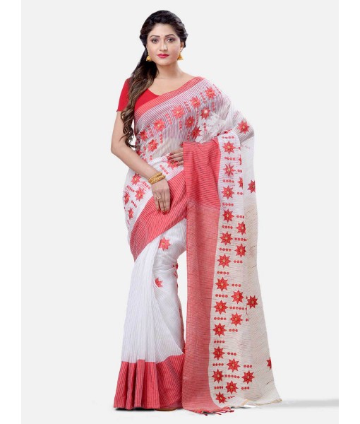 Traditional Bengali Cotton Handloom Khadi Star Tant Saree Of Bengal With Blouse Piece (Red White)   
