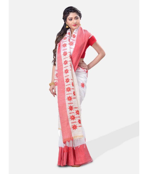 Traditional Bengali Cotton Handloom Khadi Star Tant Saree Of Bengal With Blouse Piece (Red White)   