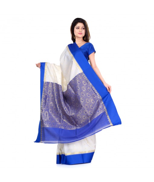 DESH BIDESH Women`s Bengal Premium Art Silk Saree Fine Smooth Original Art Silk Designed Saree With Blouse Pcs. Handmade Exclusive Flower with Kalka with Whole Body Design (White and Blue)