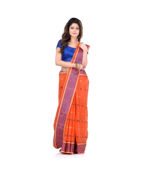 DESH BIDESH Women`s Traditional Bengal Tant Woven Bee Kolka Design Pure Handloom Cotton Saree Without Blouse Piece (Orange)