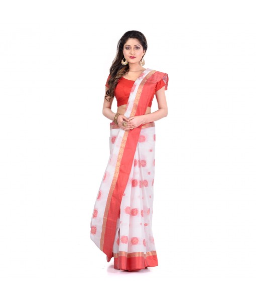  DESH BIDESH Women`s Traditional Bengal Tant Pure Handloom Cotton Saree Woven Fuleswari Design Without Blouse Piece (Red White)