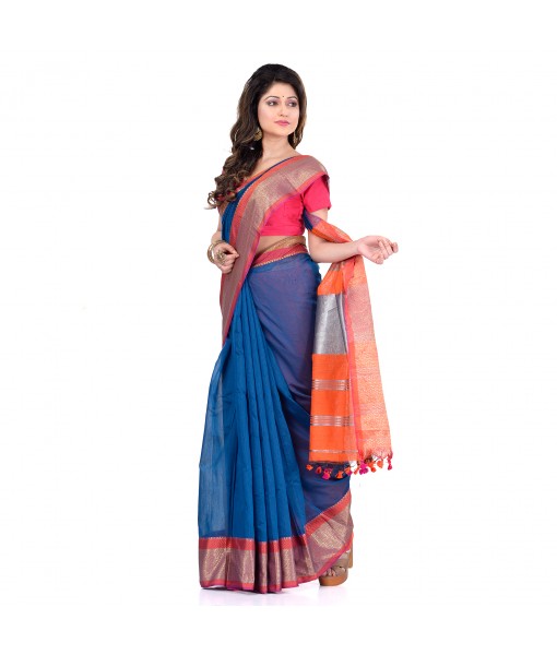 DESH BIDESH Women`s Handloom Cotton Silk Saree Jacquard Maheswari Design Zari Work With Blouse Piece(Blue Orange)
