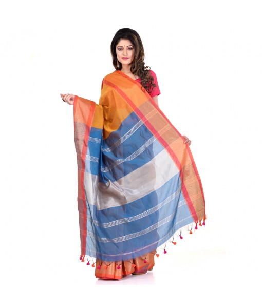 DESH BIDESH Women`s Handloom Cotton Silk Saree Jacquard Maheswari Design Zari Work With Blouse Piece(Yellow Blue)