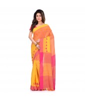  DESH BIDESH Women`s Traditional Bengali Handloom Tant Pure Cotton Saree Pompom Desigined With Blouse Piece (Yellow Pink)