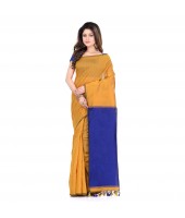 Bengal Half Half Ghicha Handloom Cotton Silk Saree With Blouse Piece (Mustard Yellow Blue)