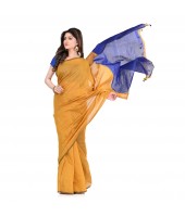 Bengal Half Half Ghicha Handloom Cotton Silk Saree With Blouse Piece (Mustard Yellow Blue)