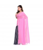 DESH BIDESH Women`s Bengal Half Half Ghicha Handloom Cotton Silk Saree With Blouse Piece (Grey Pink)