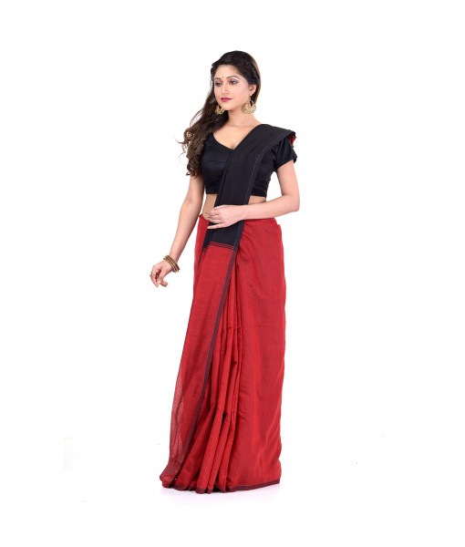Bengal Half Half Ghicha Handloom Cotton Silk Saree With Blouse Piece (Red Black)