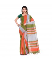 Khadi Ghicha Handloom Cotton Silk Saree With Blouse Piece (Orange Silver Green)