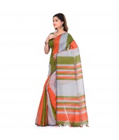 Khadi Ghicha Handloom Cotton Silk Saree With Blouse Piece (Orange Silver Green)