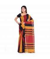 Bengal Khadi Ghicha Handloom Cotton Silk Saree With Blouse Piece (Black Yellow Red)